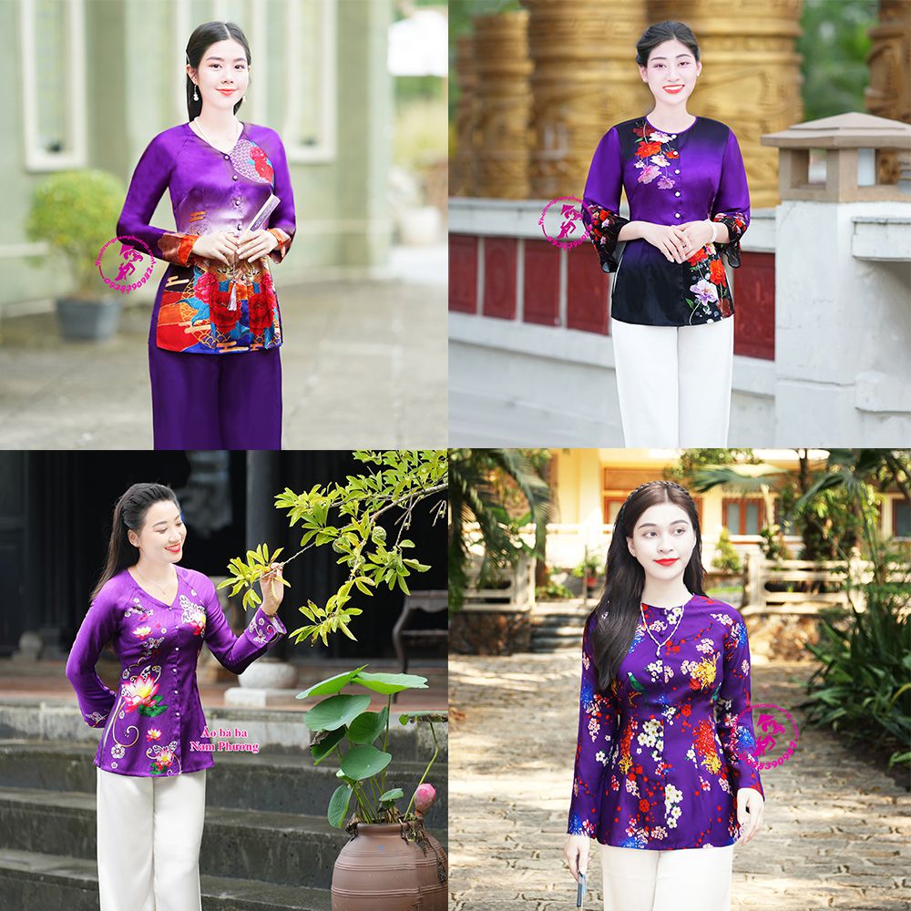 áo bà ba màu tím huế hoa văn