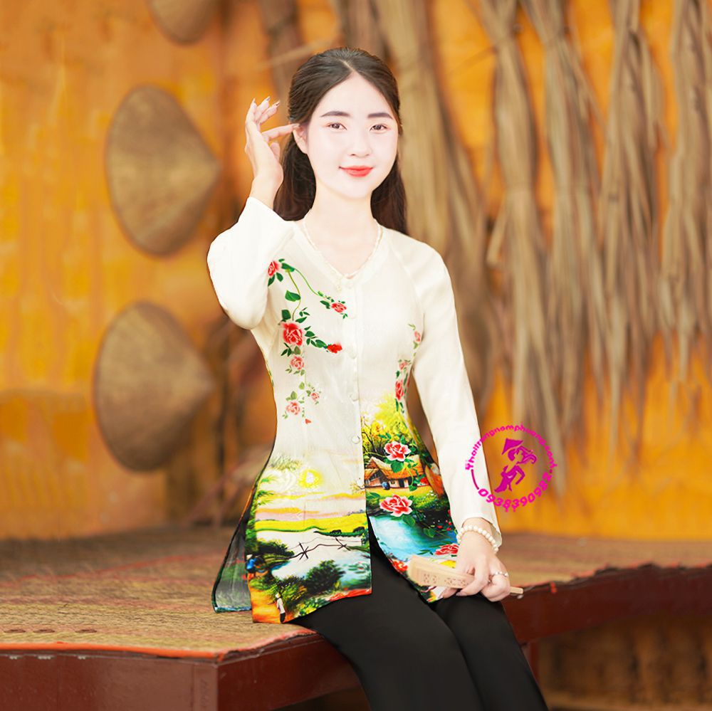 áo bà ba màu trắng họa tiết quê hương
