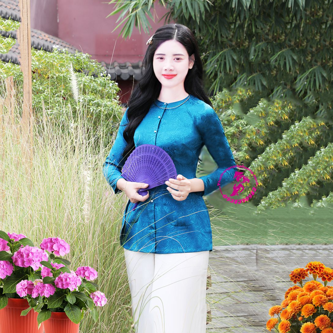 áo bà ba gấm lụa xanh dương