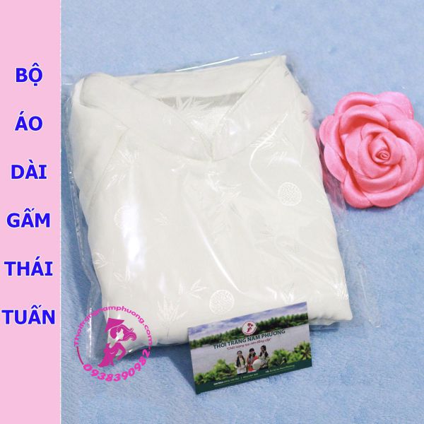 Bộ áo dài trắng Áo gấm Trúc Thọ Thái Tuấn kèm quần lụa satin trắng