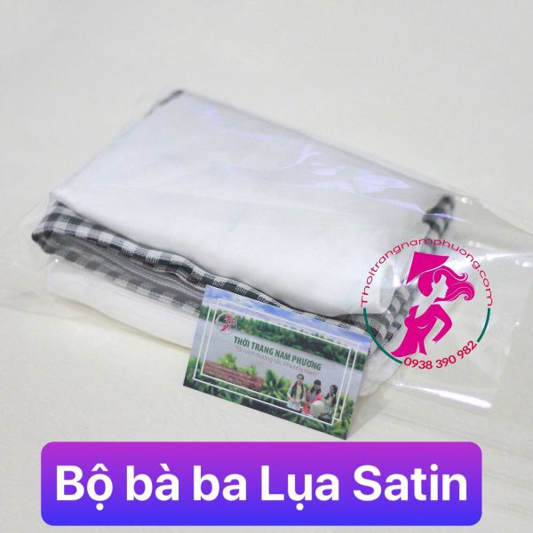Bộ bà ba lụa satin trắng đi Lễ Cô Sáu